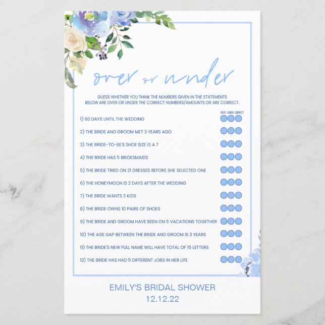 Lámina Elegant Blue Floral Bridal Shower Game Printed (Anverso)