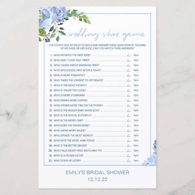 Lámina Elegant Blue Floral Bridal Shower Game Printed (Anverso)