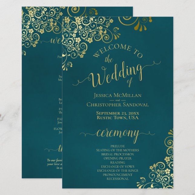 Lámina Elegant Dark Teal & Gold Budget Wedding Program (Anverso / Reverso)