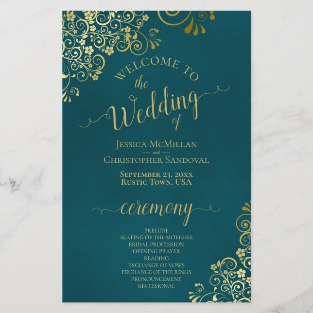 Lámina Elegant Dark Teal & Gold Budget Wedding Program (Anverso)