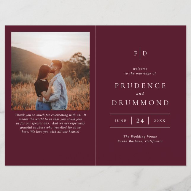 Lámina Elegant Deep Burgundy Classic Wedding Program (Anverso)