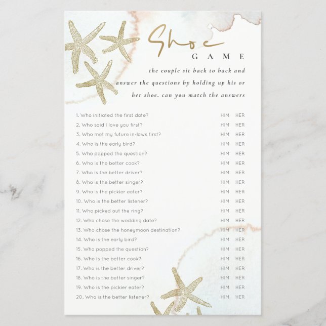 Lámina Elegant Gold Starfish Shoe Game Bridal Shower Game (Anverso)