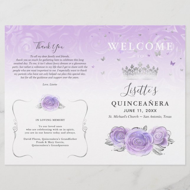 Lámina Elegant Light Purple Silver Quinceanera Program (Anverso)