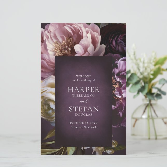 Lámina Elegant Maximalist Purple Floral Wedding Program (Anverso de pie)