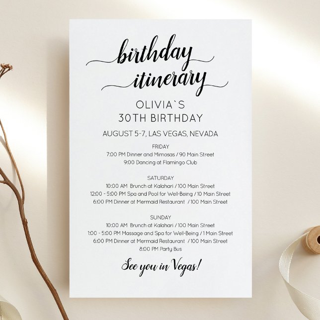 Lámina Elegant Minimalist Birthday Itinerary Invitation (Birthday Weekend Itinerary Invitation Card)