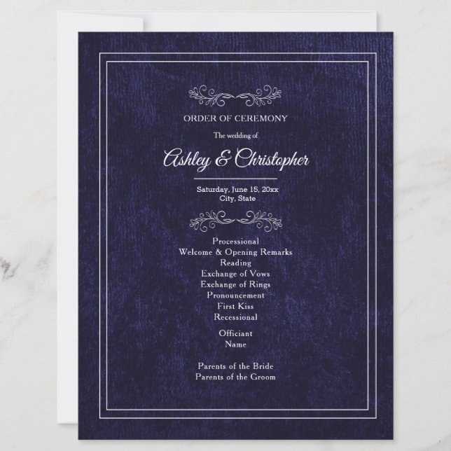 Lámina Elegant Navy Blue Velvet White Wedding Program (Anverso)