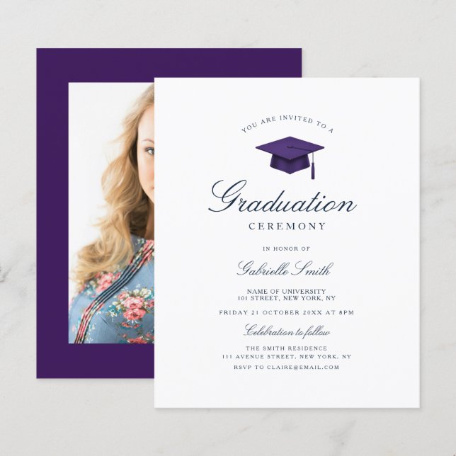 Lámina elegant purple graduation ceremony invitation (Anverso / Reverso)