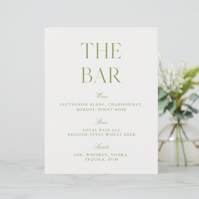 Lámina Elegant Sage Green & White 8.5x11 Wedding Bar Sign (Anverso de pie)