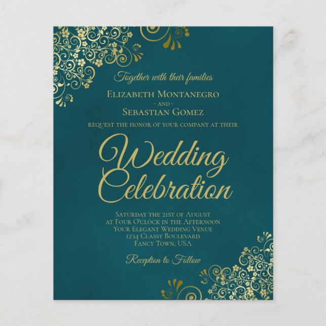Lámina Elegant Teal & Gold BUDGET Wedding Invitation (Anverso)