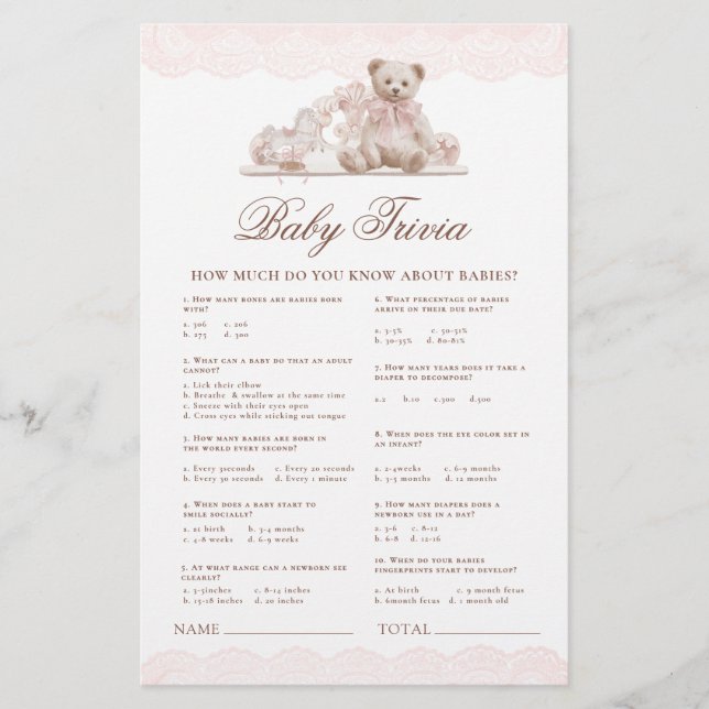 Lámina Elegant Vintage Teddy Bear Baby Trivia Game (Anverso)