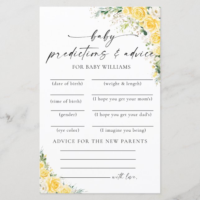 Lámina Elegant Yellow Baby Shower Predictions Card (Anverso)