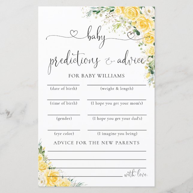 Lámina Elegant Yellow Baby Shower Predictions Card  (Anverso)