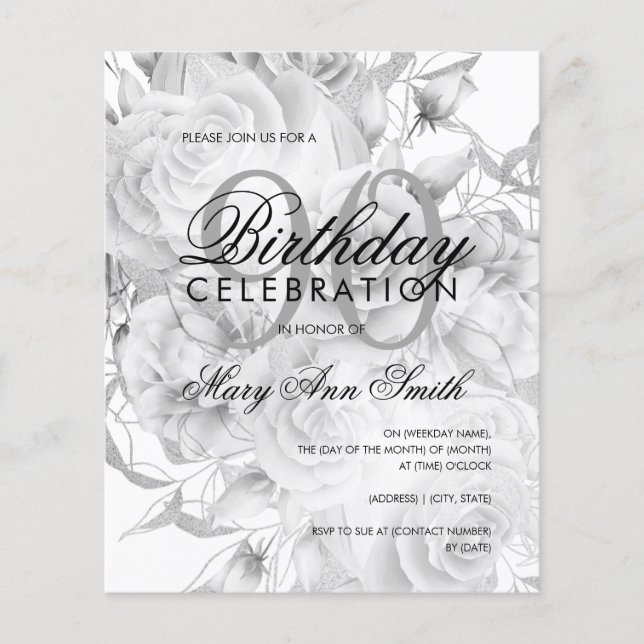Lámina Elegante 90 cumpleaños Invitación blanca plateada  (Anverso)