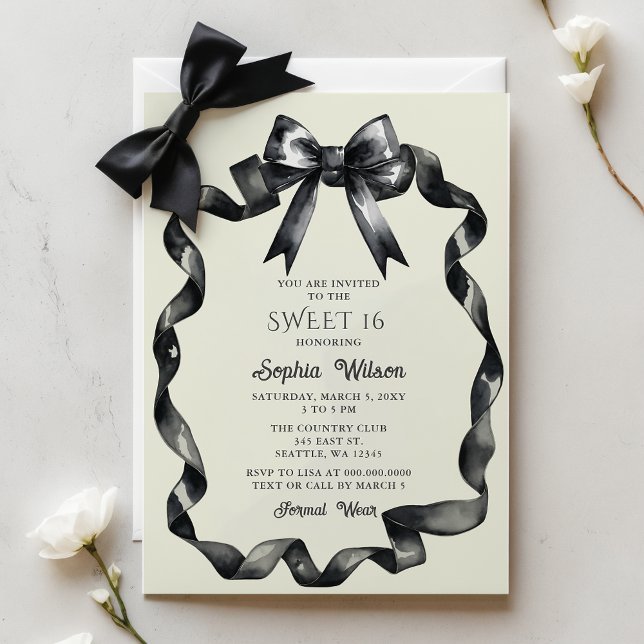 Lámina Elegante acuarela Coquette Black Bow Sweet 16 (Budget Elegant Watercolor Coquette Black Bow Sweet 16 Invitation)
