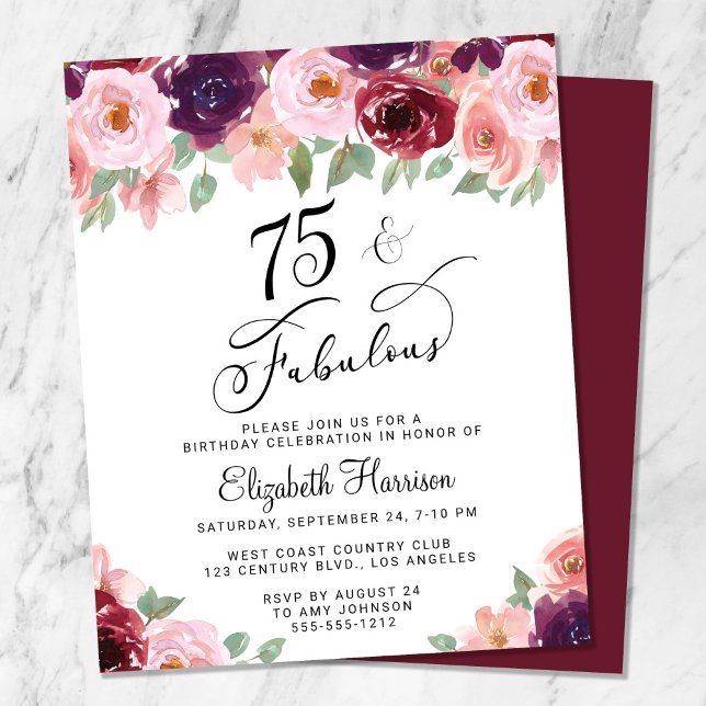 Lámina Elegante acuarela floral 75º cumpleaños Invitación (Subido por el creador)