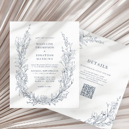 Lámina Elegante Azure Ivory Floral Wreath QR Code Boda