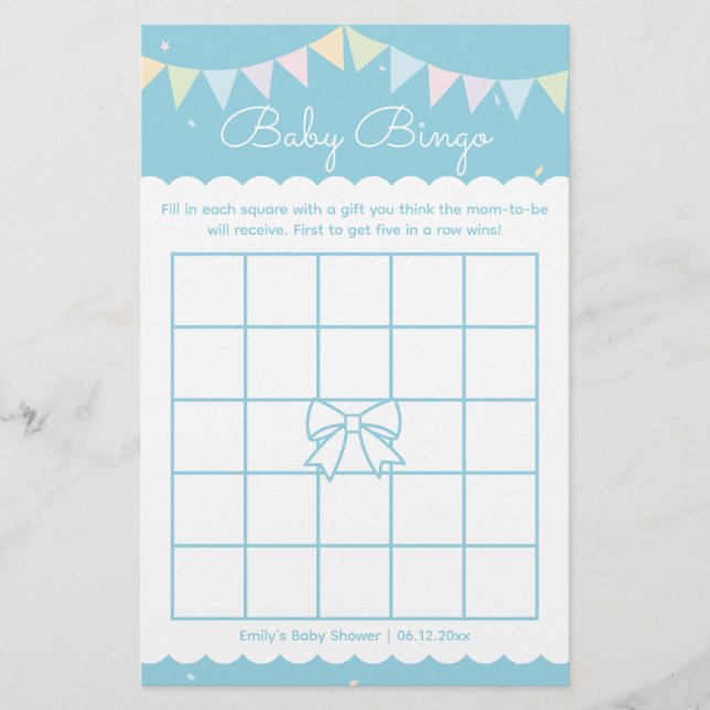 Lámina Elegante Baby Blue Boy Baby Shower Baby Bingo (Anverso)