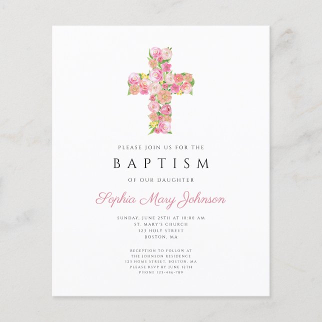 Lámina Elegante Bautismo Religioso de Cruz Floral Rosa (Anverso)