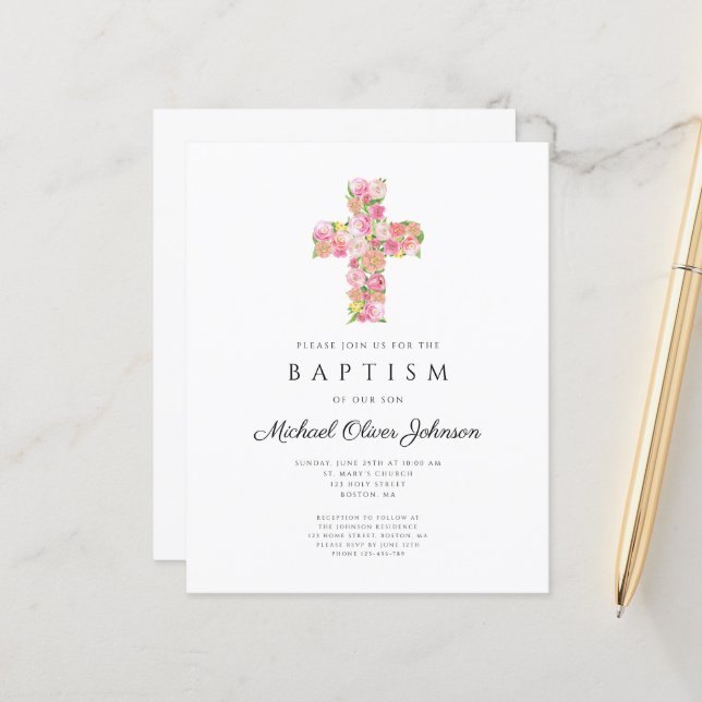Lámina Elegante bautismo religioso floral rosa cruzado (Anverso/Reverso In Situ)