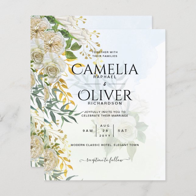 Lámina Elegante Boda botánico de rosas blancas todo en 1 (Anverso / Reverso)