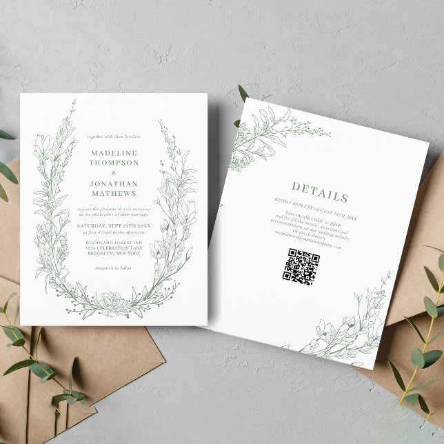 Lámina Elegante Boda de código QR de flor verde sabio (Subido por el creador)