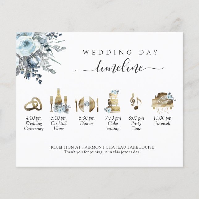Lámina Elegante Boda Floral Azul Línea de tiempo y progra (Anverso)