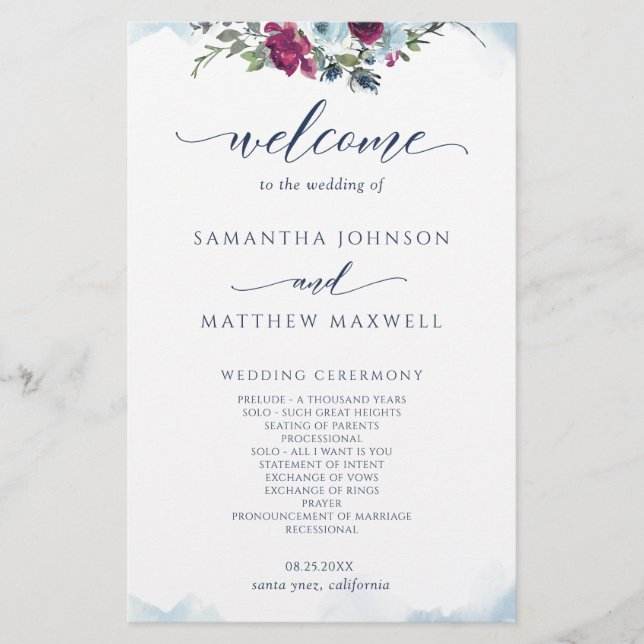 Lámina Elegante Boda Floral Berry, Azul y Borgoña (Anverso)