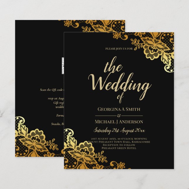 Lámina Elegante Boda moderno de encaje de oro negro (Anverso / Reverso)