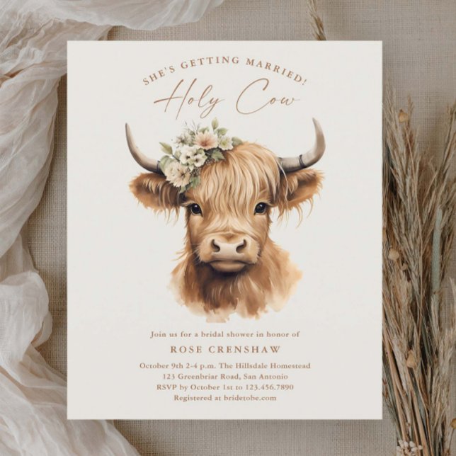 Lámina Elegante Boho Highland Cow Despedida de Soltera (Elegant boho highland cow budget bridal shower invitations.)