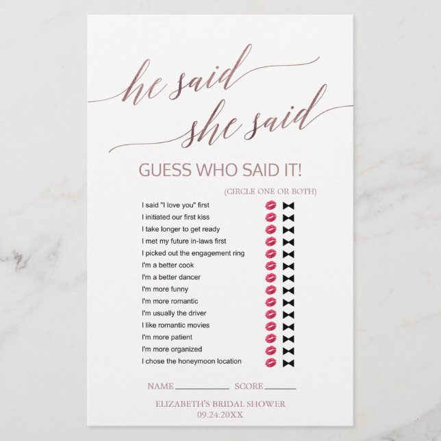 Lámina Elegante Caligrafía RoseGold Dijo Que Dijo Juego (Anverso)