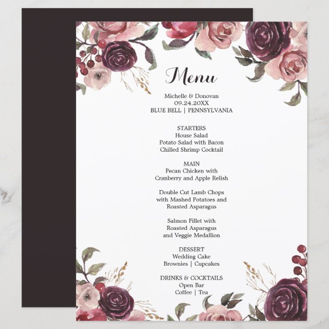 Lámina Elegante carta de cena floral de verano borgoñona (Anverso / Reverso)