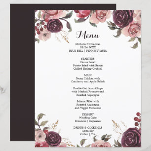 Lámina Elegante carta de cena floral de verano borgoñona