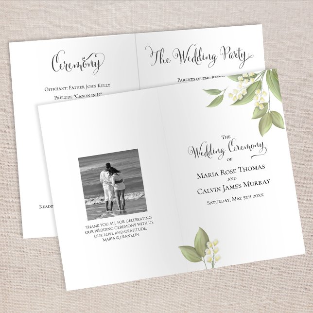 Lámina Elegante ceremonia de bodas Foliage de la vegetaci (Elegant lily of the valley floral wedding ceremony program with botanical greenery and classic typog)
