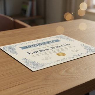 Lámina Elegante certificado de logro floral azul Des