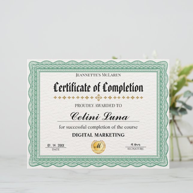 Lámina Elegante Certificado Verde de Finalización - Moder (Anverso de pie)