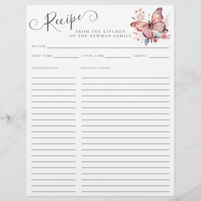 Lámina Elegante de la cocina de la receta de mariposa ros (Anverso)