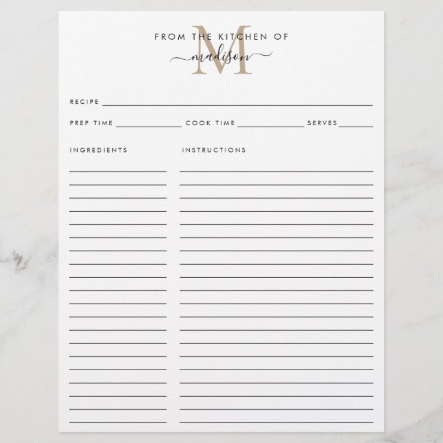 Lámina Elegante de la receta de Monograma de Cocina de Or (Anverso)