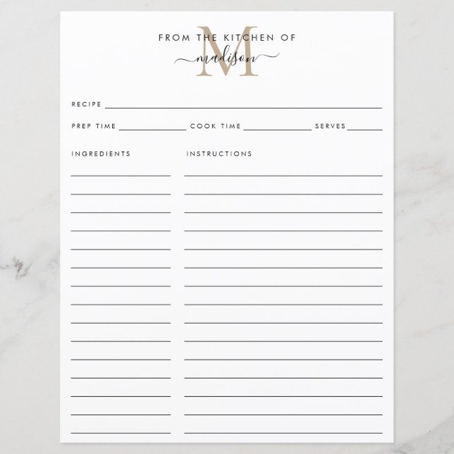 Lámina Elegante de la receta de Monograma de Cocina de Or (Anverso)