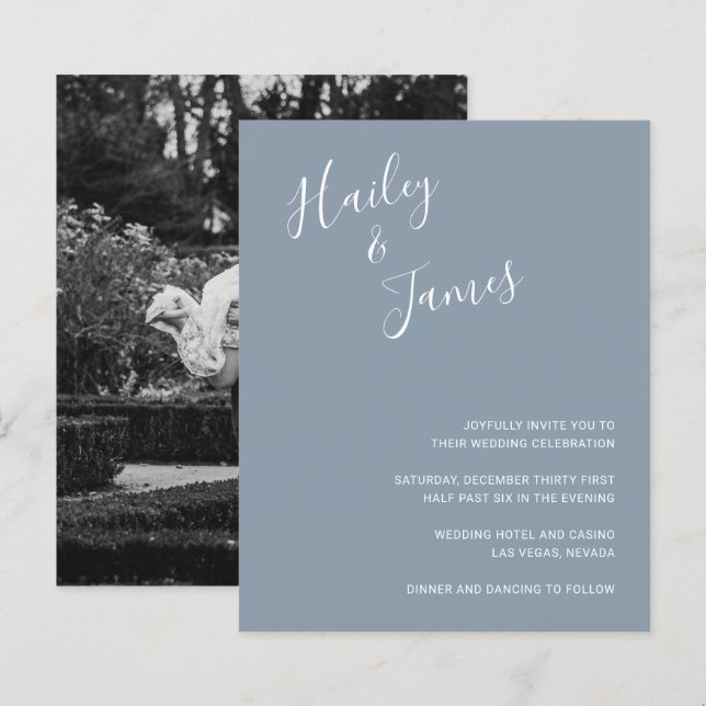 Lámina Elegante Dusty Blue Photo Budget Wedding Invitado (Anverso / Reverso)