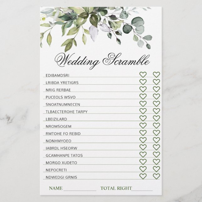 Lámina Elegante Eucalyptus Bridal Shower Scramble Juego (Anverso)