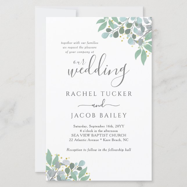 Lámina Elegante Eucalyptus Dusty Blue Wedding Invitación (Anverso)