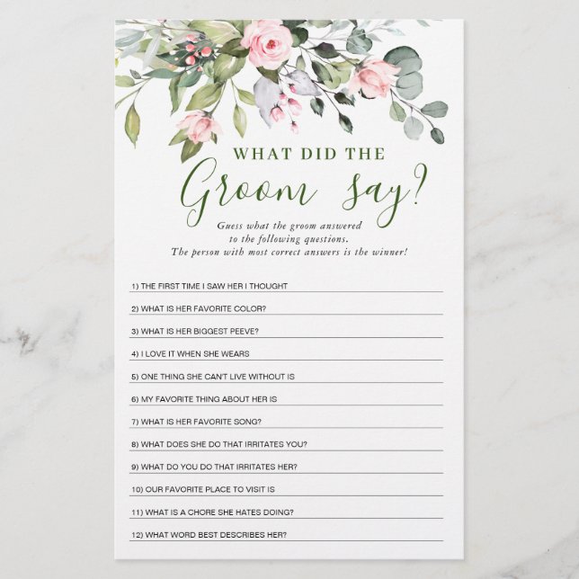 Lámina Elegante Eucalyptus Greenery Bridal Shower Game (Anverso)