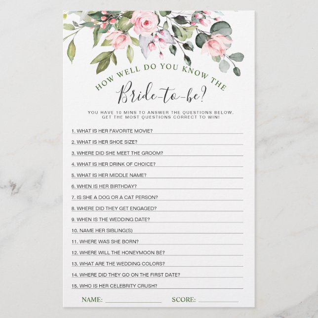 Lámina Elegante Eucalyptus Greenery Bridal Shower Game (Anverso)