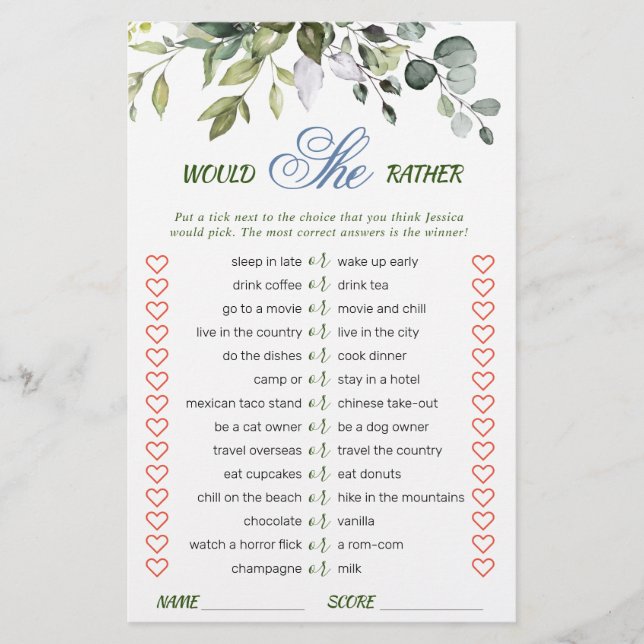 Lámina Elegante Eucalyptus Greenery Bridal Shower Game (Anverso)
