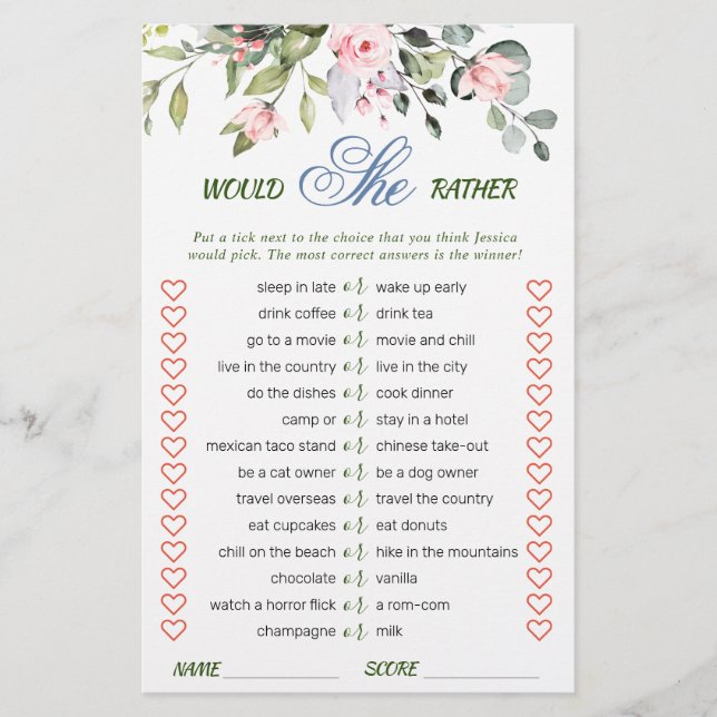 Lámina Elegante Eucalyptus Greenery Bridal Shower Game (Anverso)