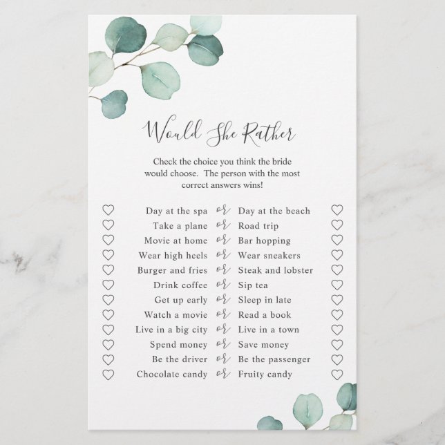 Lámina Elegante Eucalyptus Greenery Bridal Shower Game (Anverso)