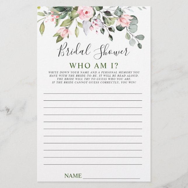 Lámina Elegante Eucalyptus Greenery Bridal Shower Game (Anverso)