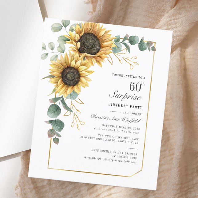 Lámina Elegante Eucalyptus Sunflower Script 60 cumpleaños (Elegant Eucalyptus Sunflower Script 60th Birthday)