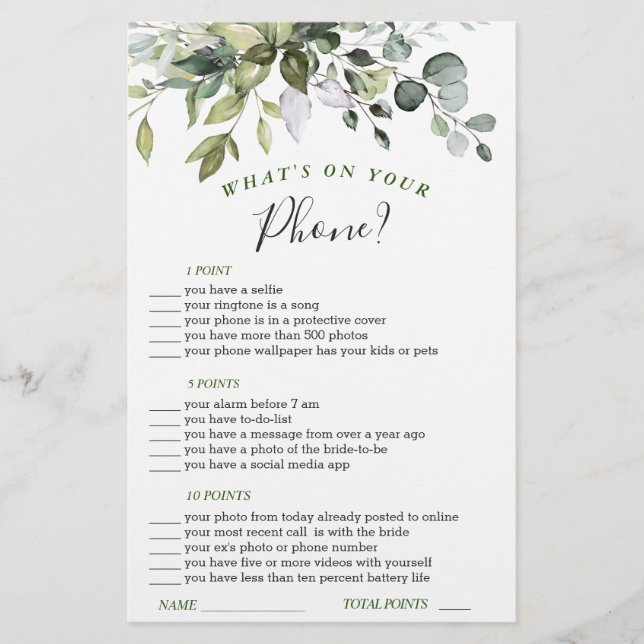 Lámina Elegante Eucalyptus Watercolor Bridal Shower Game (Anverso)