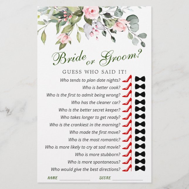 Lámina Elegante Eucalyptus Watercolor Bridal Shower Game (Anverso)
